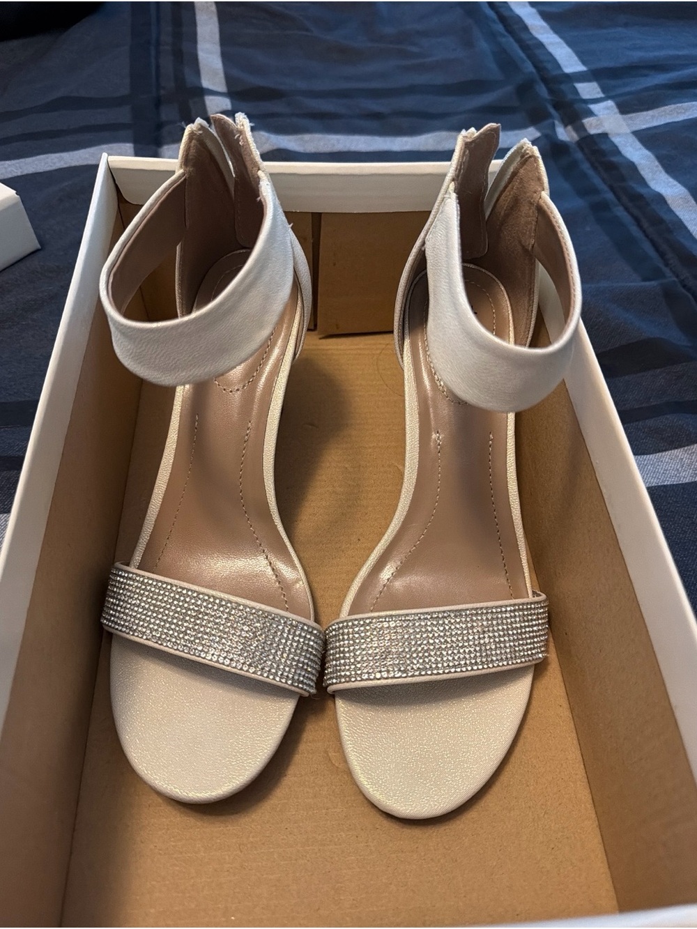 Style & Co. Cream Ankle-Strap Heels with Rhinestone Toe Band